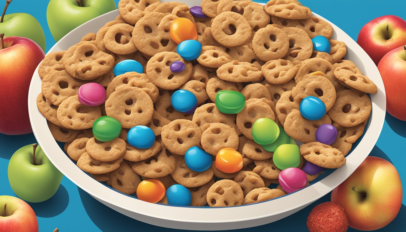 A bowl of Cookie Crisp and Kellogg's Apple Jacks side by side, surrounded by images of fresh apples and cookies