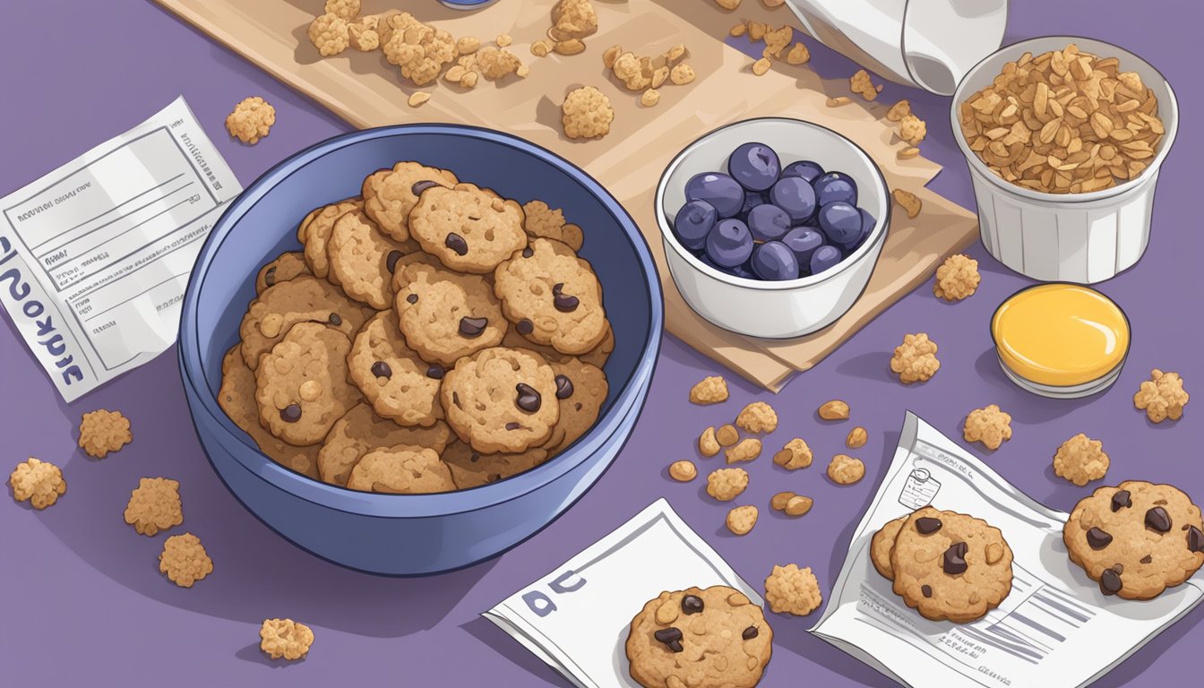 A bowl of Cookie Crisp and a bowl of Post Grape Nut Flakes surrounded by scattered ingredients and a nutrition label