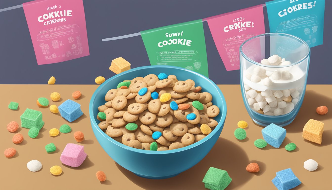 A bowl of Cookie Crisp and Lucky Charms side by side, surrounded by measuring cups of sugar and fiber, with nutrition labels in the background