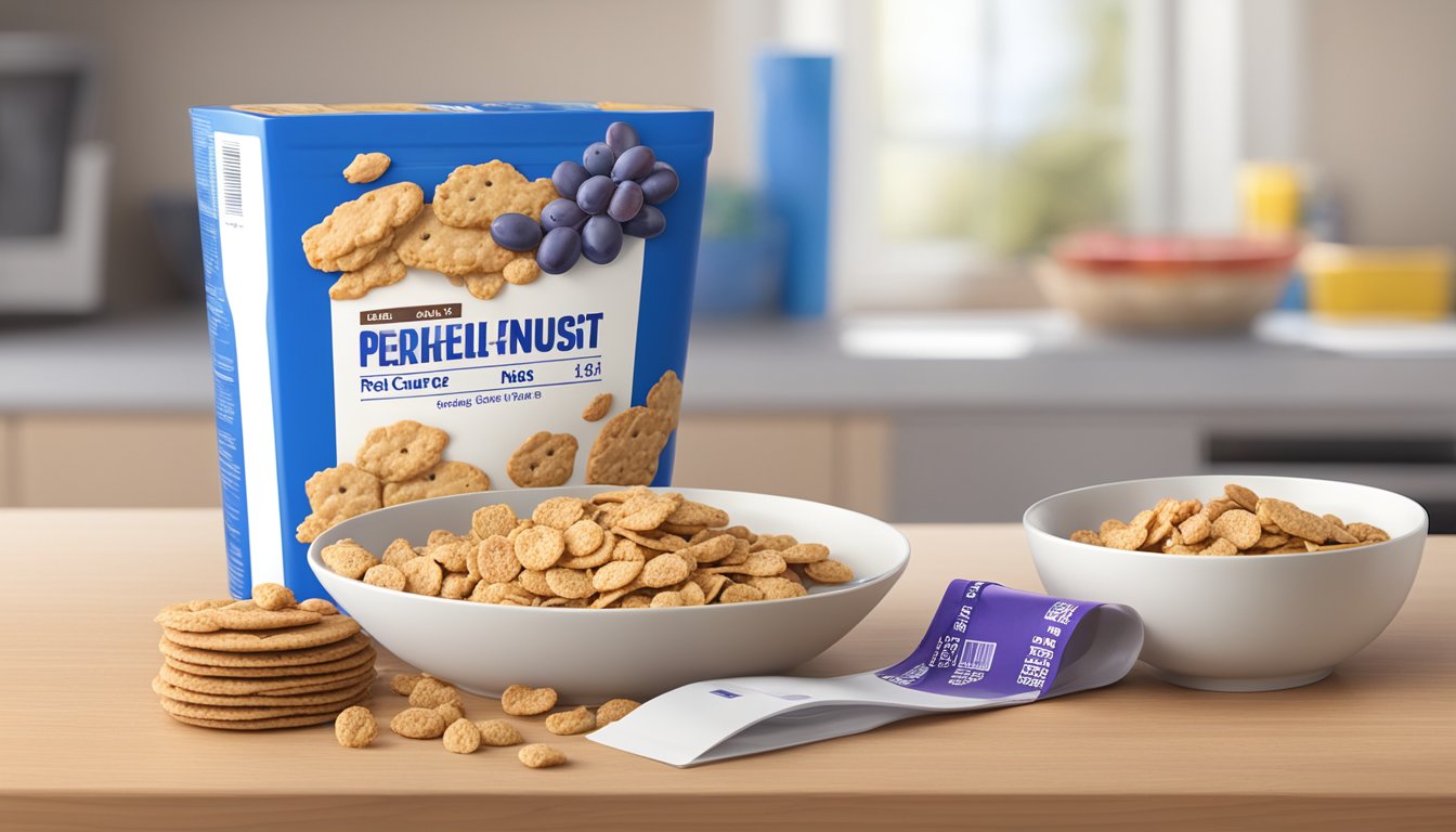 A bowl of Post Grape Nut Flakes next to a bowl of Cookie Crisp cereal, with a measuring tape and a nutrition label in the background