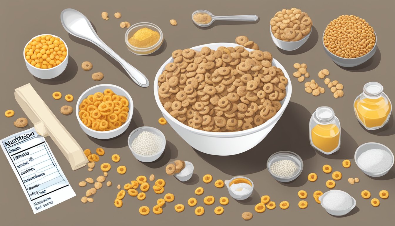 A bowl of cookie crisp and honey nut cheerios surrounded by measuring cups and nutrition labels, with a nutritionist comparing their ingredients and processing