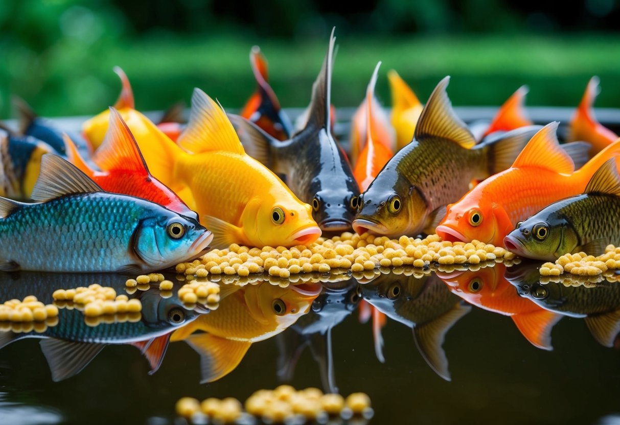 A variety of colorful fish gather around the surface of a pond, eagerly feeding on floating fish food pellets