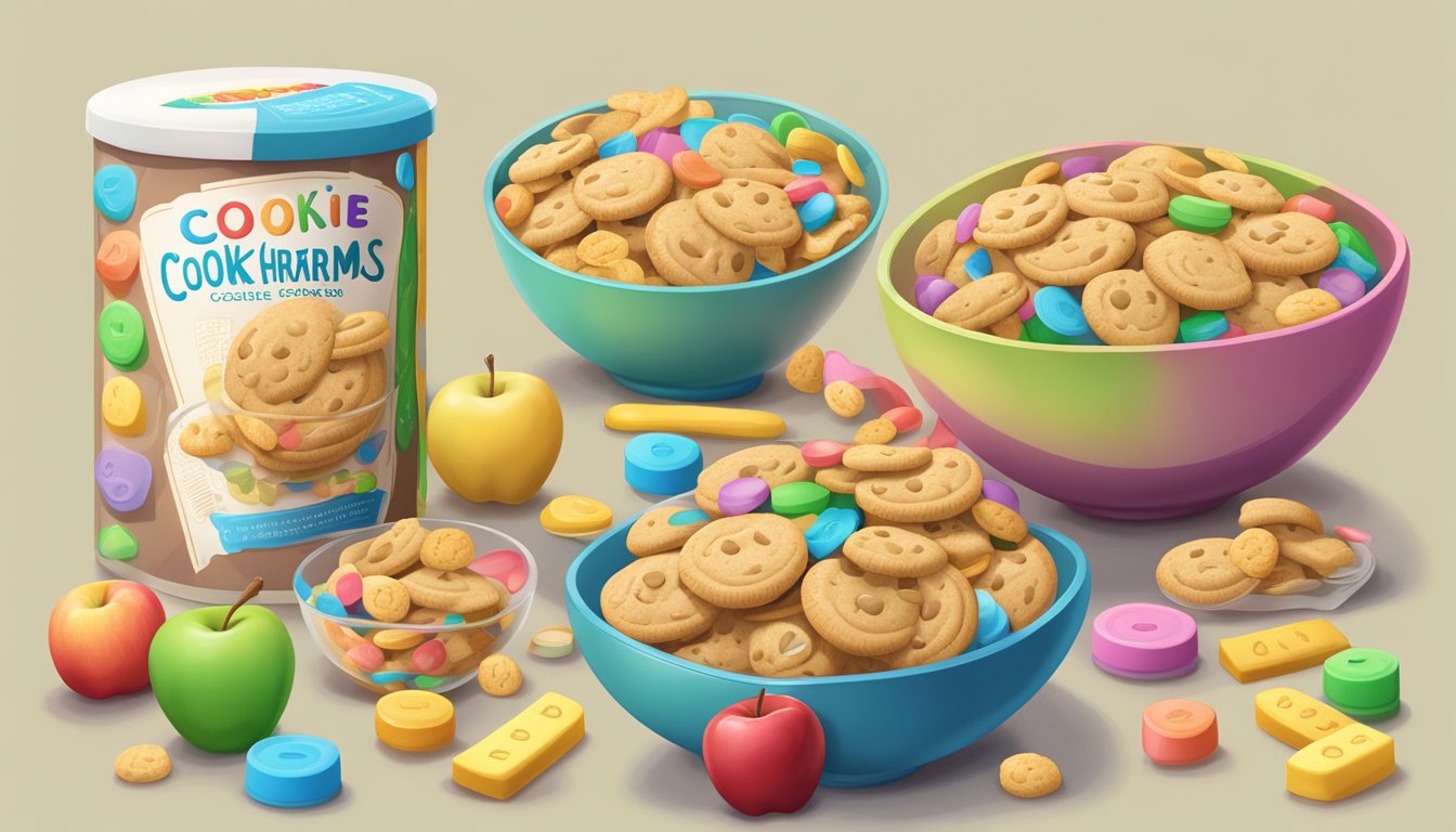 A bowl of Cookie Crisp and Lucky Charms side by side, surrounded by a measuring tape, apple, and nutrition labels