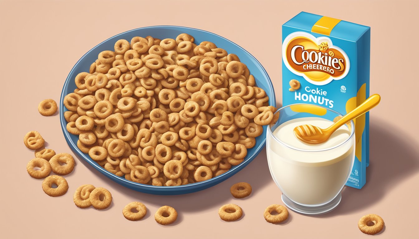 A bowl of Cookie Crisp and a bowl of Honey Nut Cheerios side by side, surrounded by fresh milk and a spoon