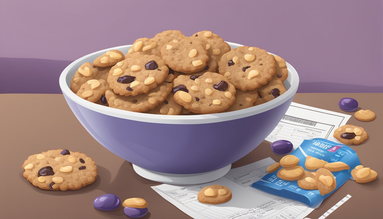 A bowl of Cookie Crisp and Post Grape Nut Flakes next to each other, with a measuring tape and a nutrition label in the background