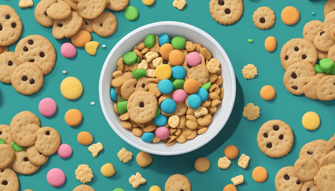 A bowl of Cookie Crisp and Lucky Charms side by side, surrounded by scattered cereal pieces. Nutritional labels visible