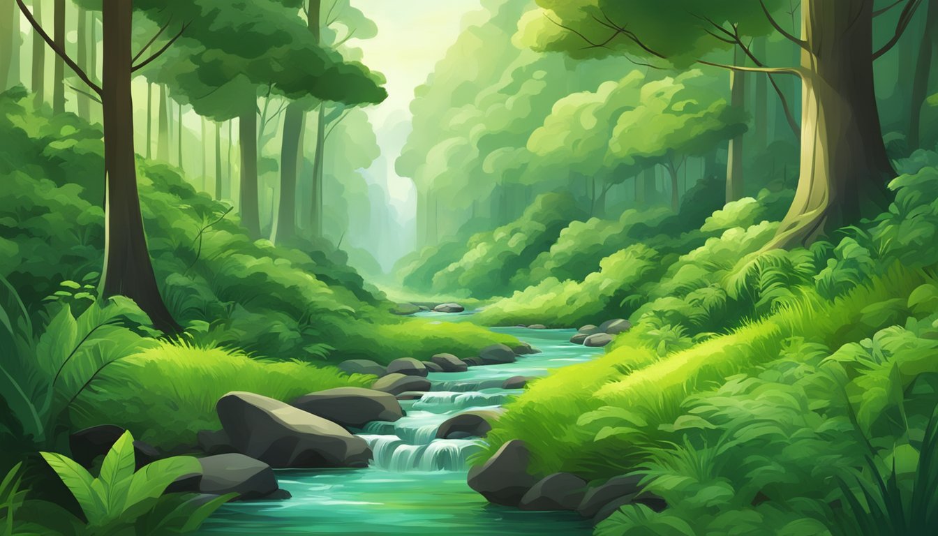 A lush green forest with a clear stream running through it, showcasing the contrast between natural, organic ingredients and processed, artificial ingredients