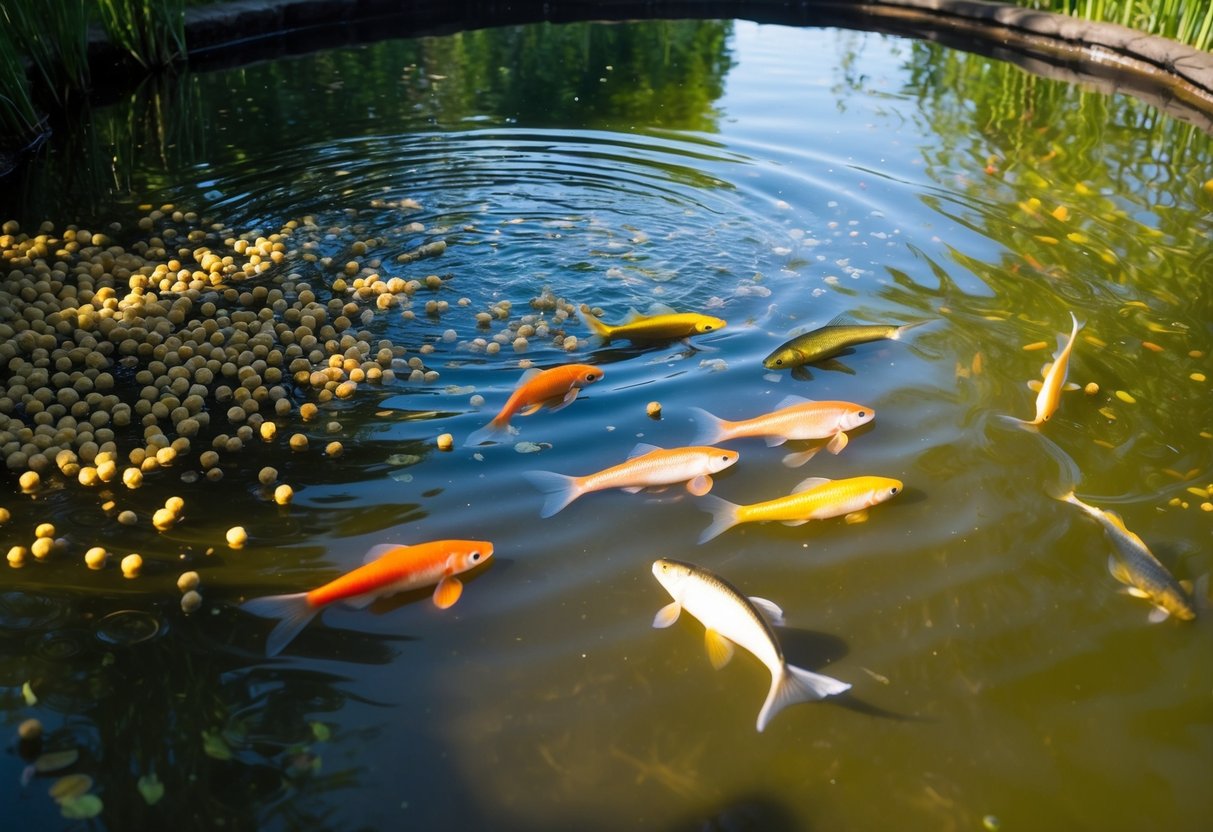 A serene pond with colorful fish swimming towards floating fish food pellets. Sunlight filters through the water, casting dappled shadows on the pond floor