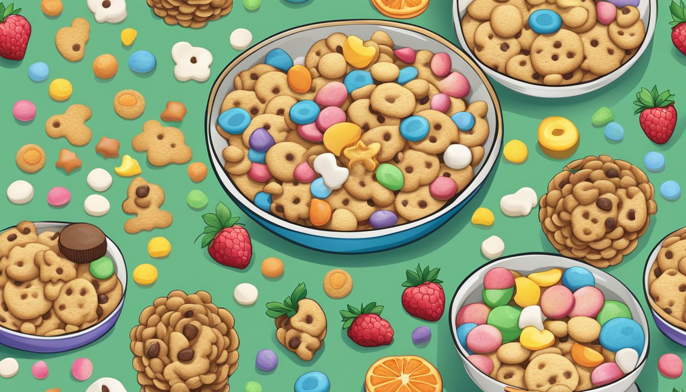 A bowl of Cookie Crisp and Lucky Charms side by side, surrounded by a variety of fruits and a glass of milk