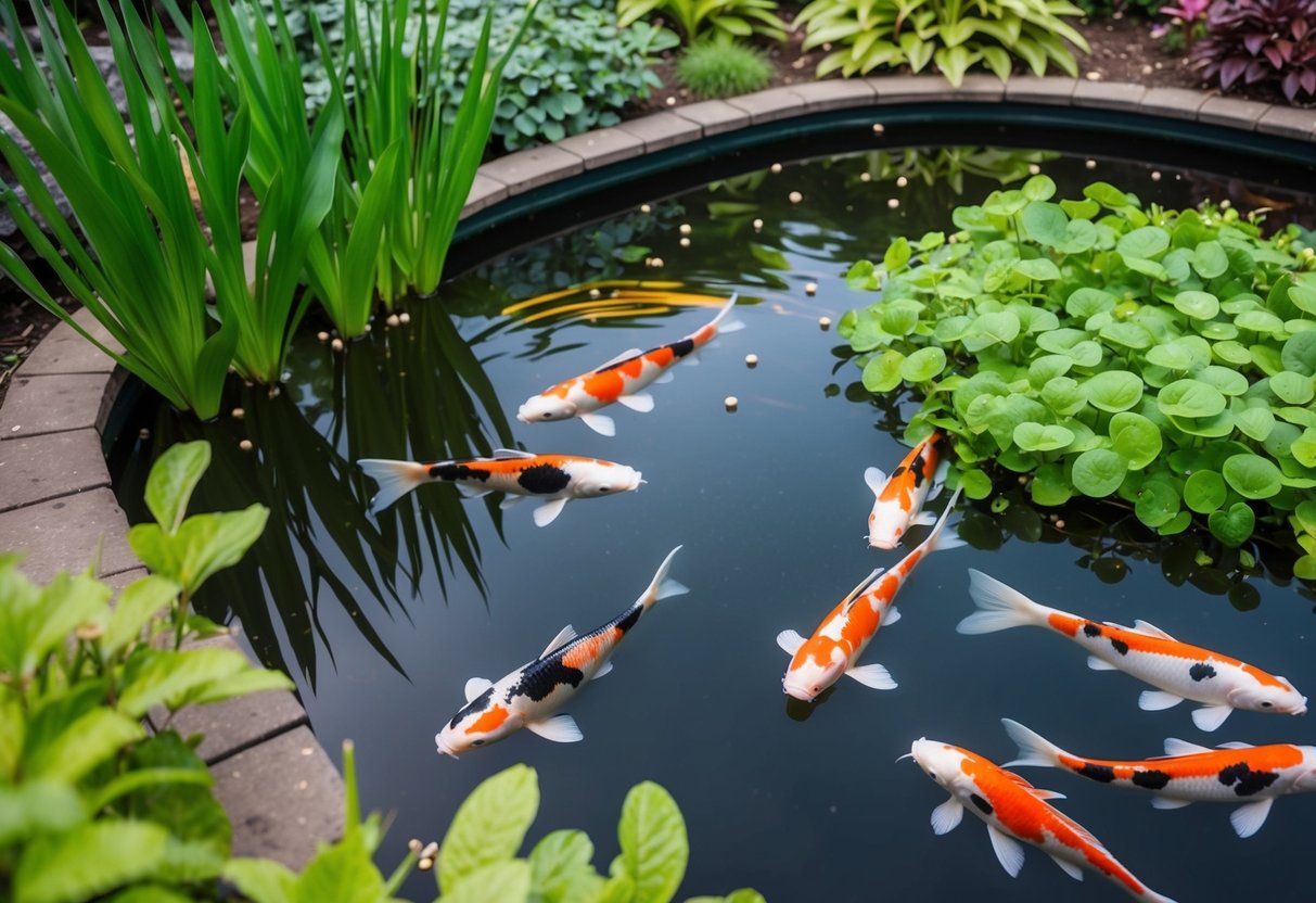 A serene pond with colorful koi fish swimming gracefully, surrounded by lush green aquatic plants and floating fish food pellets