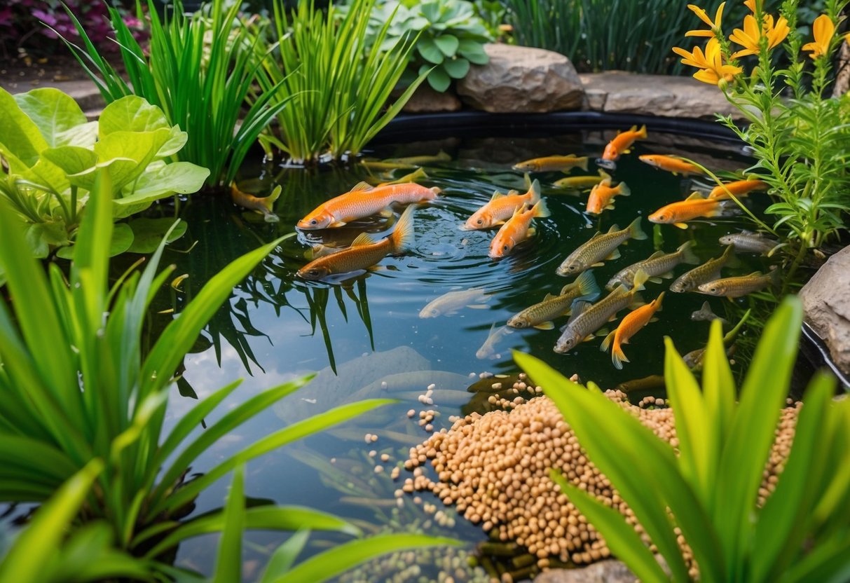 A pond with clear water and vibrant aquatic plants, surrounded by healthy and active fish feeding on nutritious fish food pellets