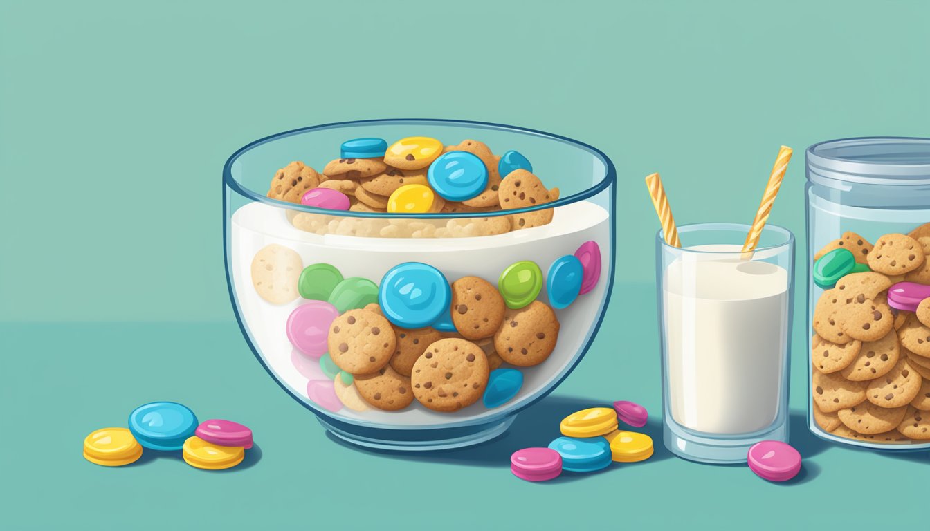 A bowl of Cookie Crisp and Trix cereal next to each other, with a glass of milk and a measuring tape to indicate portion size