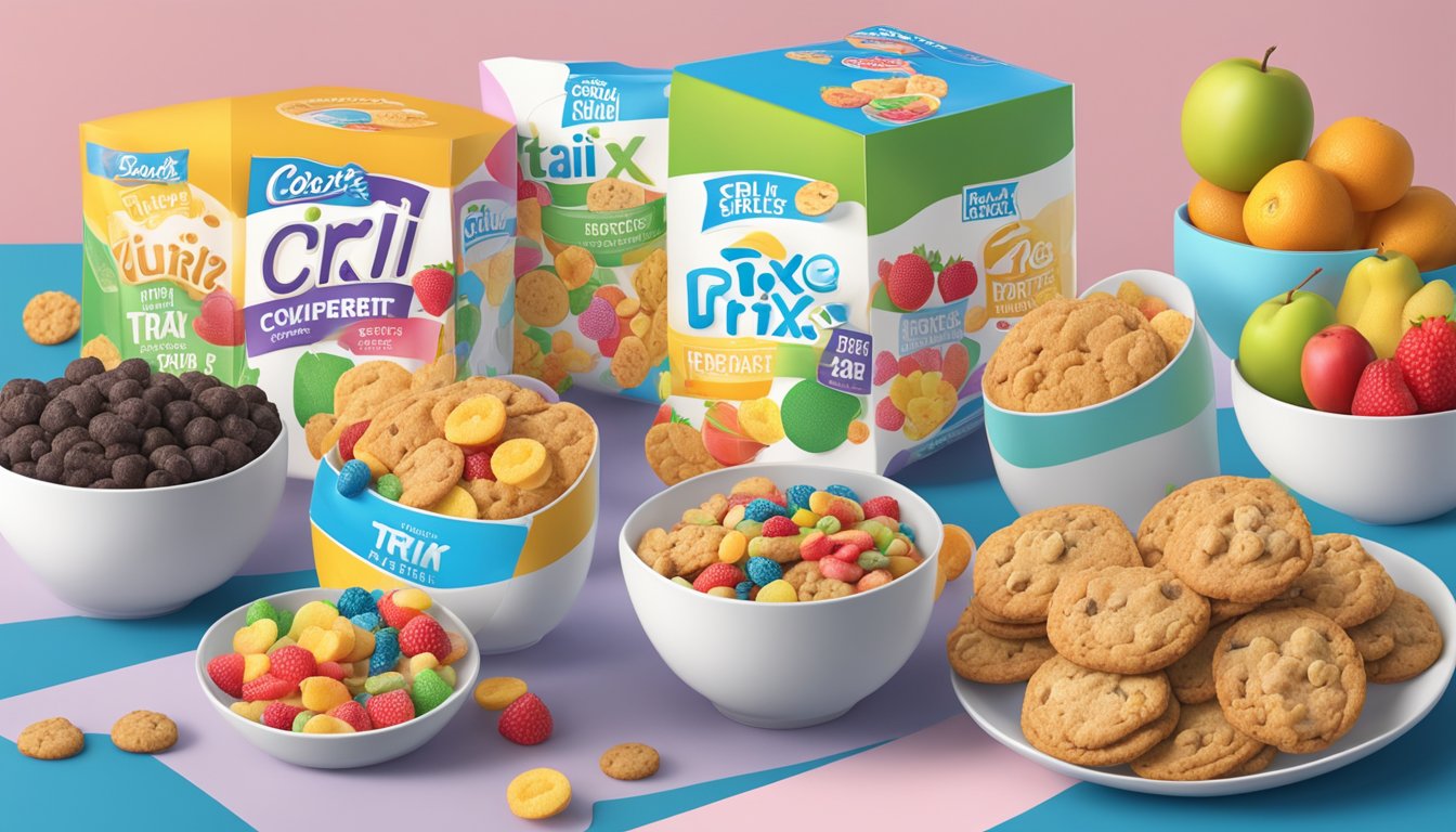 A table with boxes of Cookie Crisp and Trix cereal, surrounded by fruits and a nutrition label