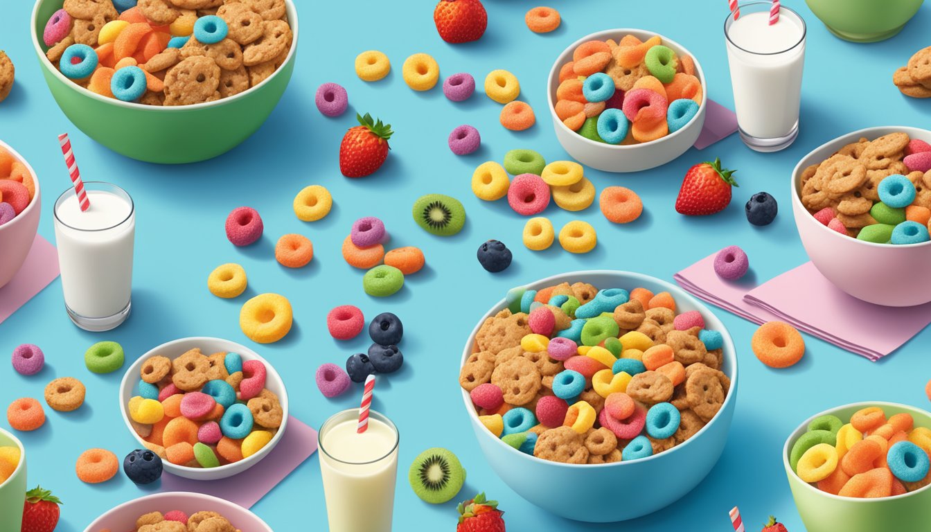 A bowl of Cookie Crisp and a bowl of Kellogg's Froot Loops side by side, surrounded by a variety of colorful fruits and a glass of milk