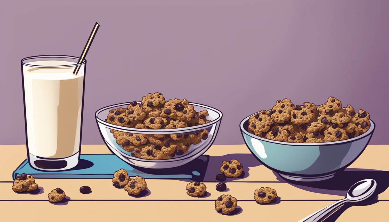 A bowl of Cookie Crisp cereal next to a bowl of Post Raisin Bran, with a glass of milk nearby. The Cookie Crisp is colorful and sweet, while the Raisin Bran is more subdued and filled with raisins