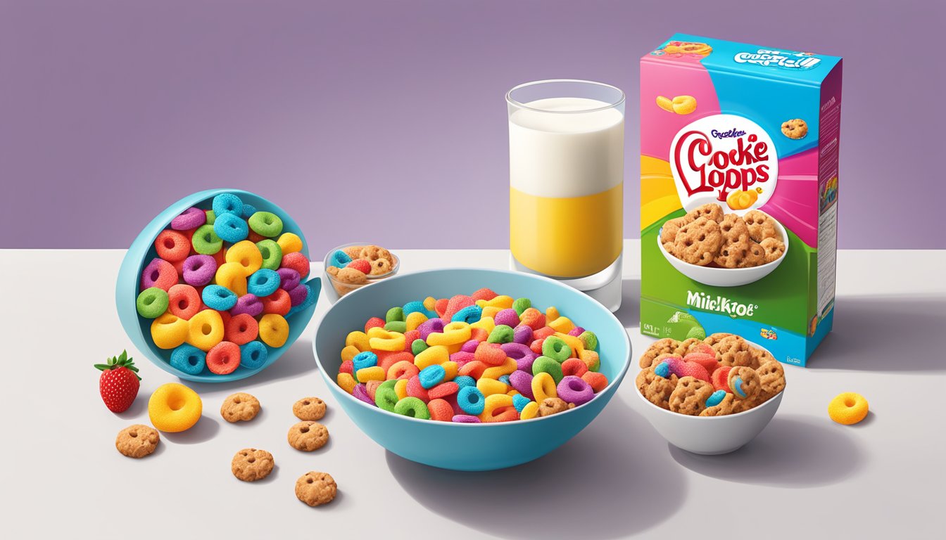 A bowl of cookie crisp and a bowl of Kellogg's Froot Loops on a table, surrounded by colorful fruits and a glass of milk