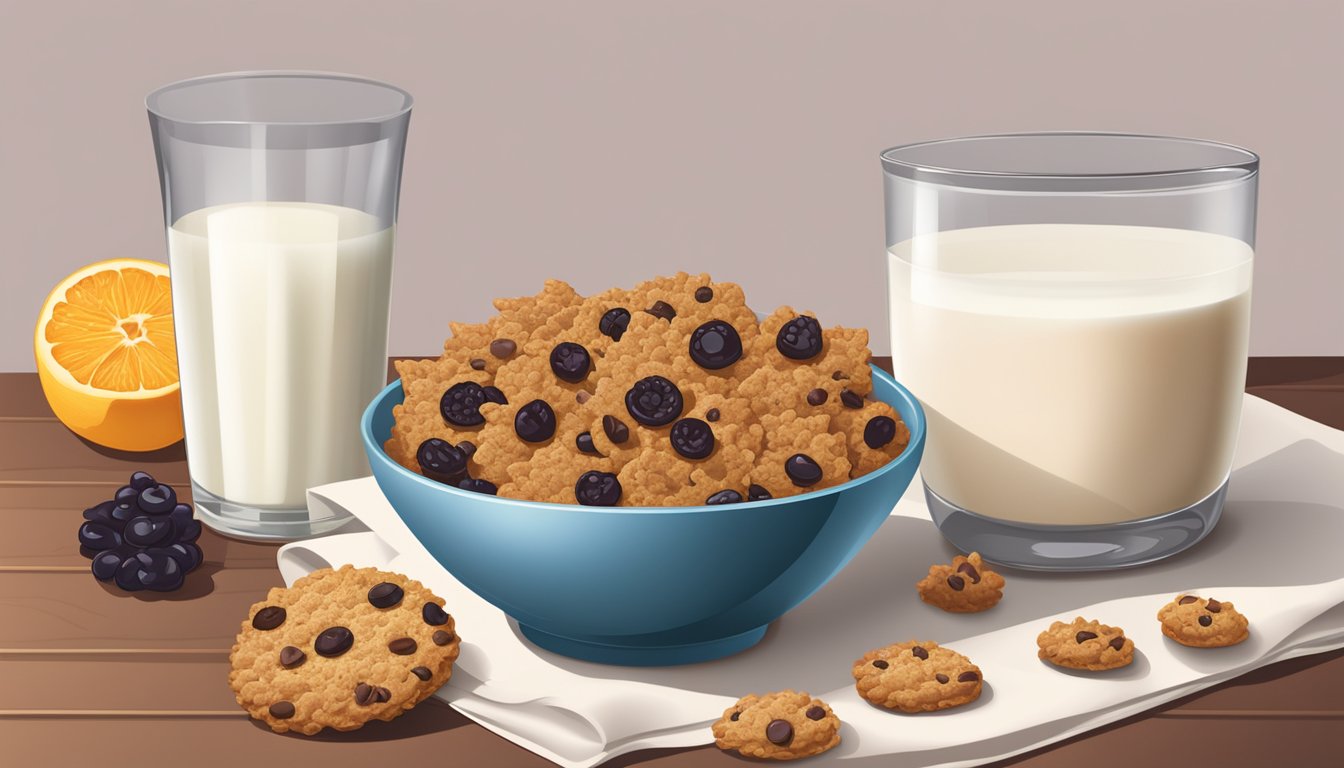 A bowl of Cookie Crisp and a bowl of Post Raisin Bran on a table, surrounded by various fruits and a glass of milk