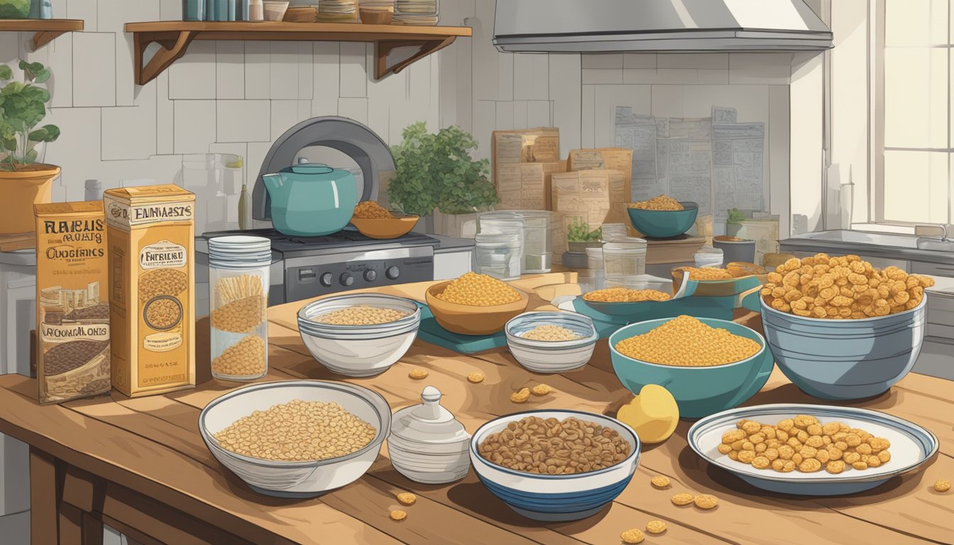 A kitchen table with two cereal boxes and bowls, surrounded by images of historical and cultural significance