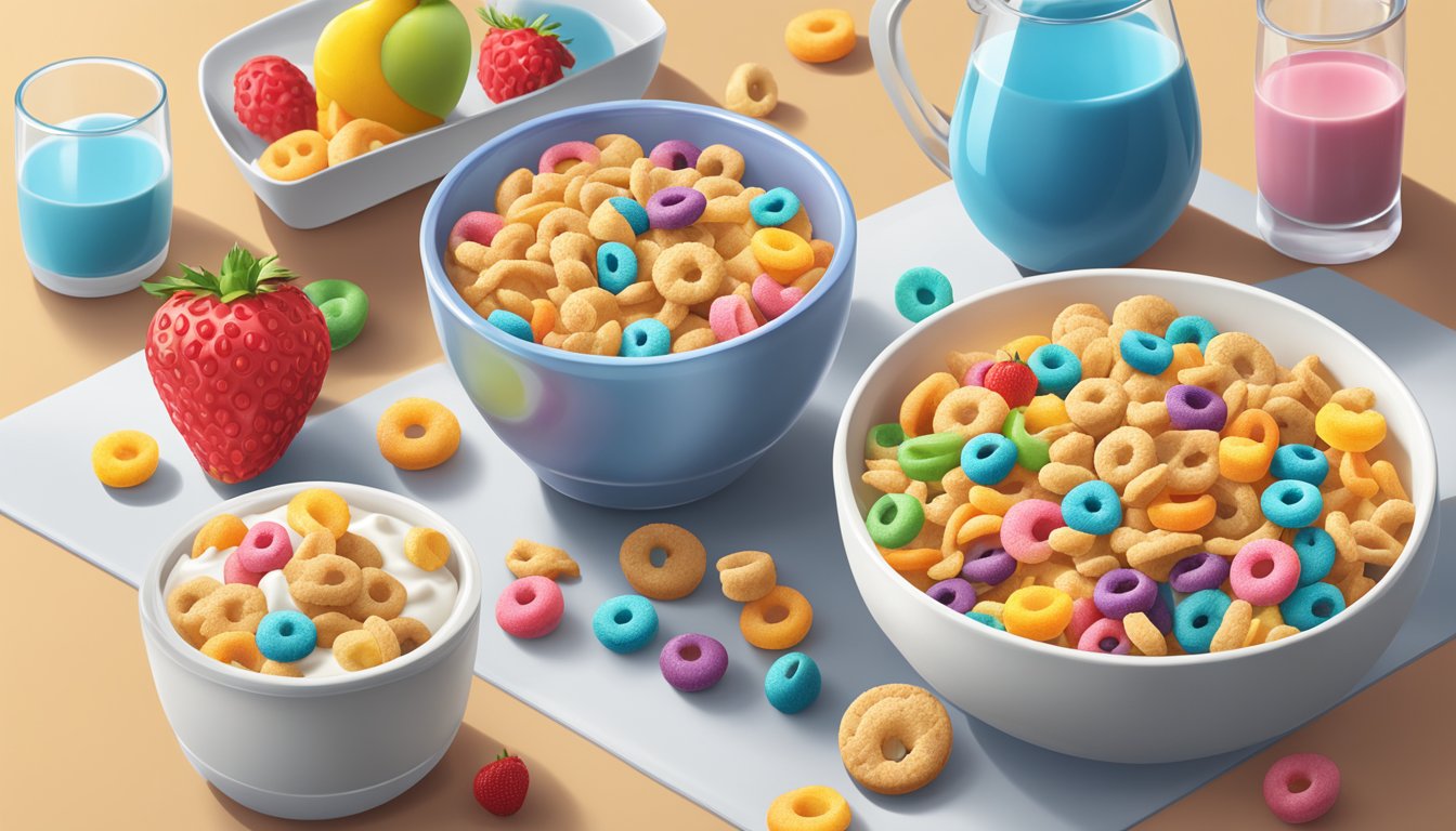 A bowl of Cookie Crisp cereal next to a bowl of Kellogg's Froot Loops, surrounded by various fruits and a glass of milk