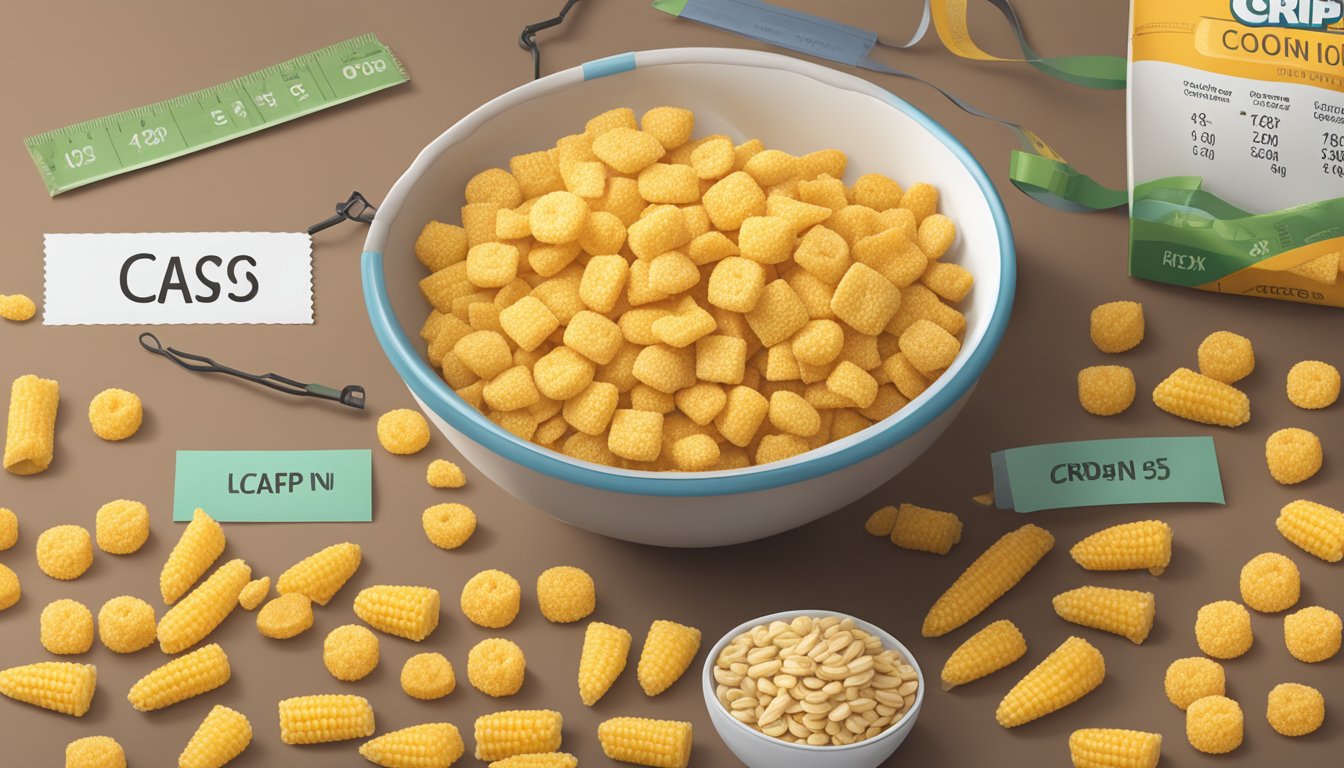 A bowl of Corn Pops and Crispix cereal side by side, with a measuring tape and nutritional labels nearby for comparison