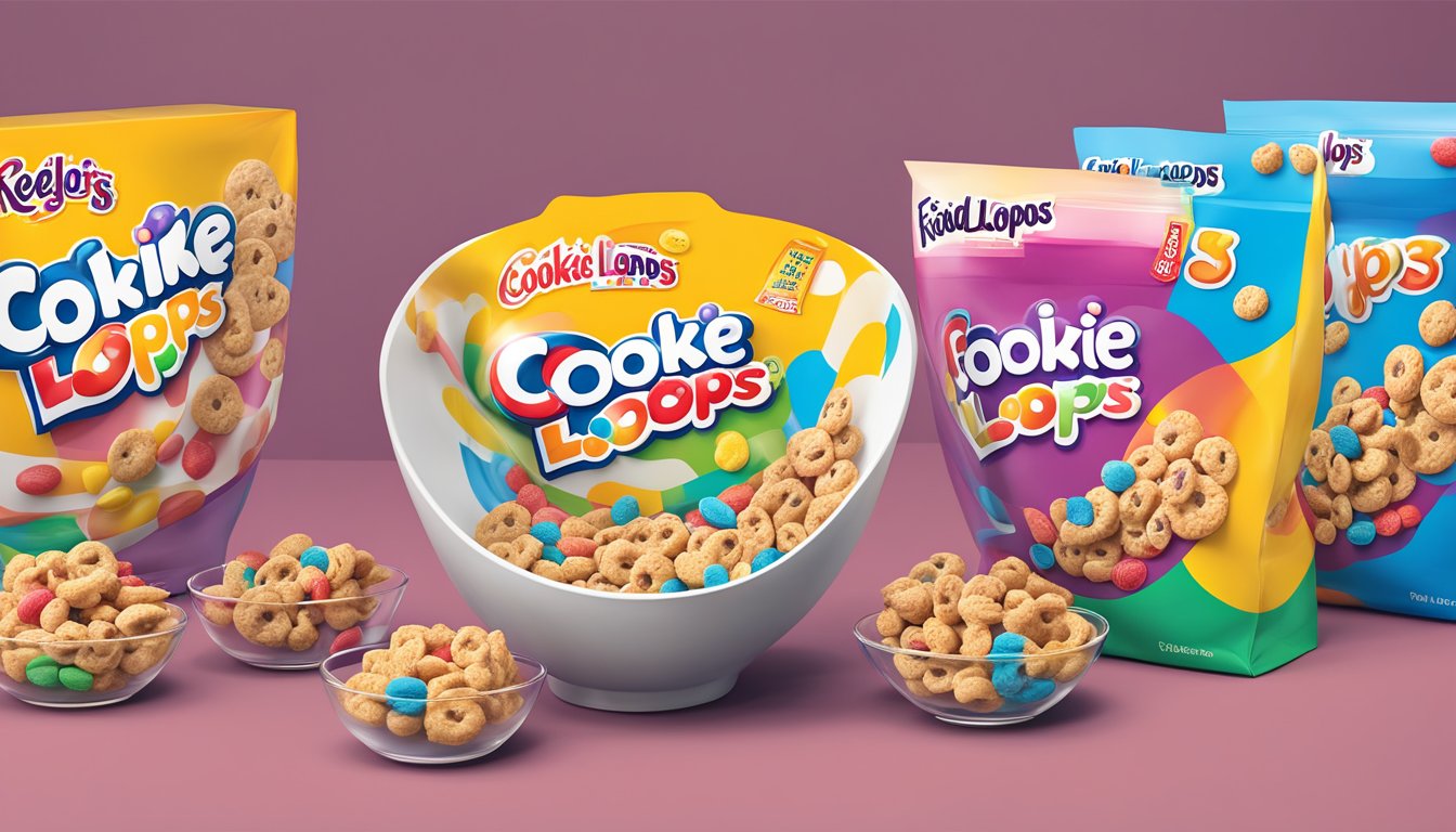 A bowl of Cookie Crisp and Kellogg's Froot Loops with a nutritional label comparison displayed next to them