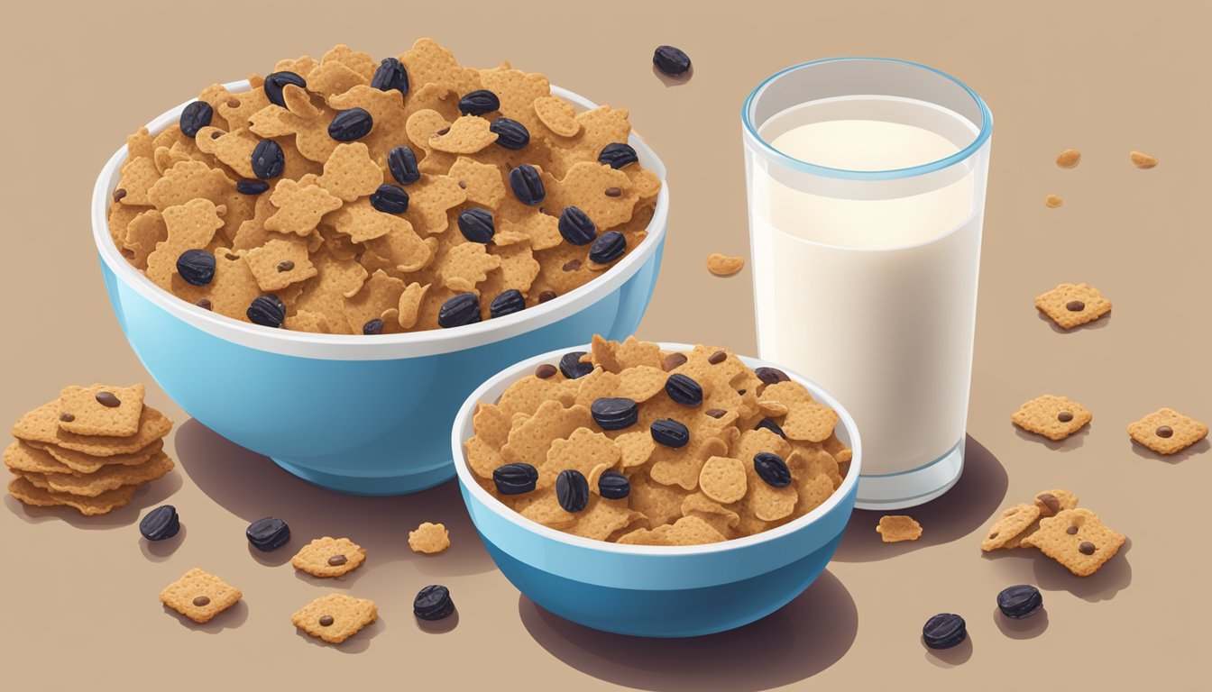 A bowl of Cookie Crisp and a bowl of Post Raisin Bran sit side by side on a table, surrounded by scattered cereal pieces and milk splashes