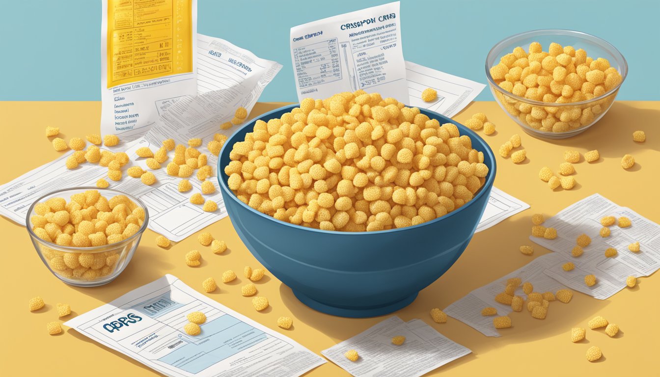 A bowl of Corn Pops and Crispix side by side, with nutrition labels visible