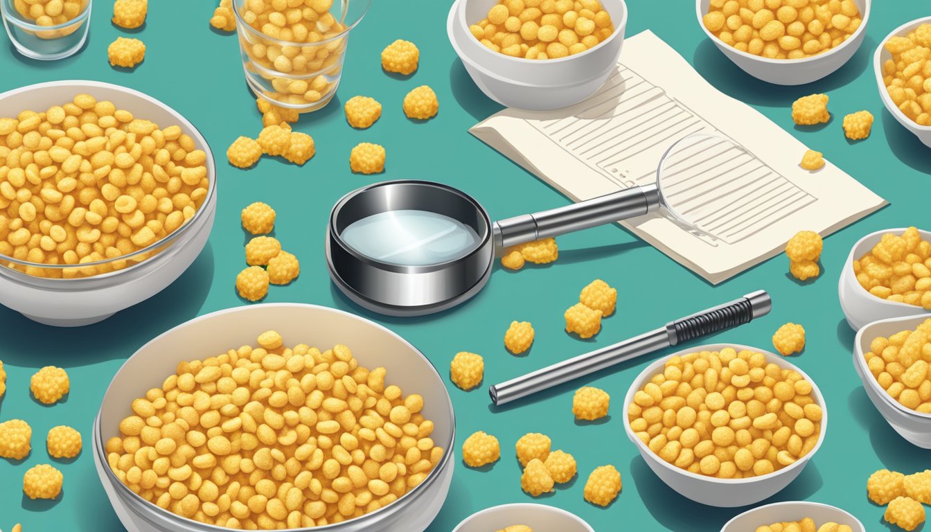 A table with bowls of corn pops and crispix, surrounded by scattered nutritional labels and a magnifying glass for closer inspection