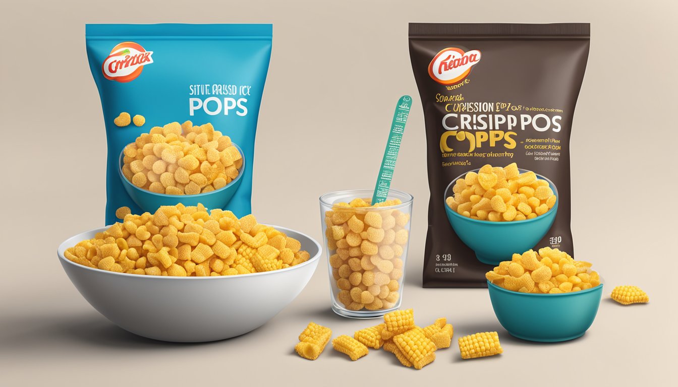 A bowl of corn pops and a bowl of crispix sit side by side, with a measuring cup next to them. A nutrition label is visible on the packaging