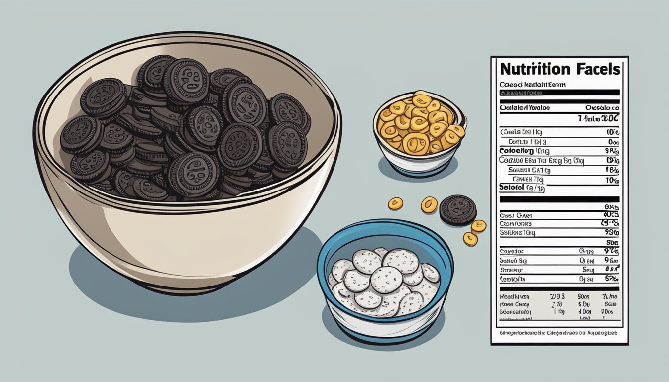 A bowl of Cookie Crisp and Oreo O's surrounded by nutritional labels and a measuring tape