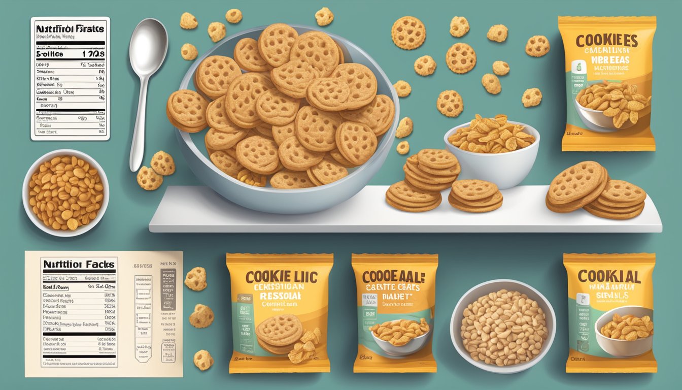 A table with bowls of Cookie Crisp and Waffle Crisp cereal, surrounded by nutrition labels and a measuring scale