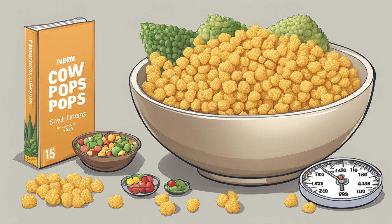 A bowl of corn pops and crispix surrounded by various fruits and vegetables, with a nutrition label and a scale for comparison