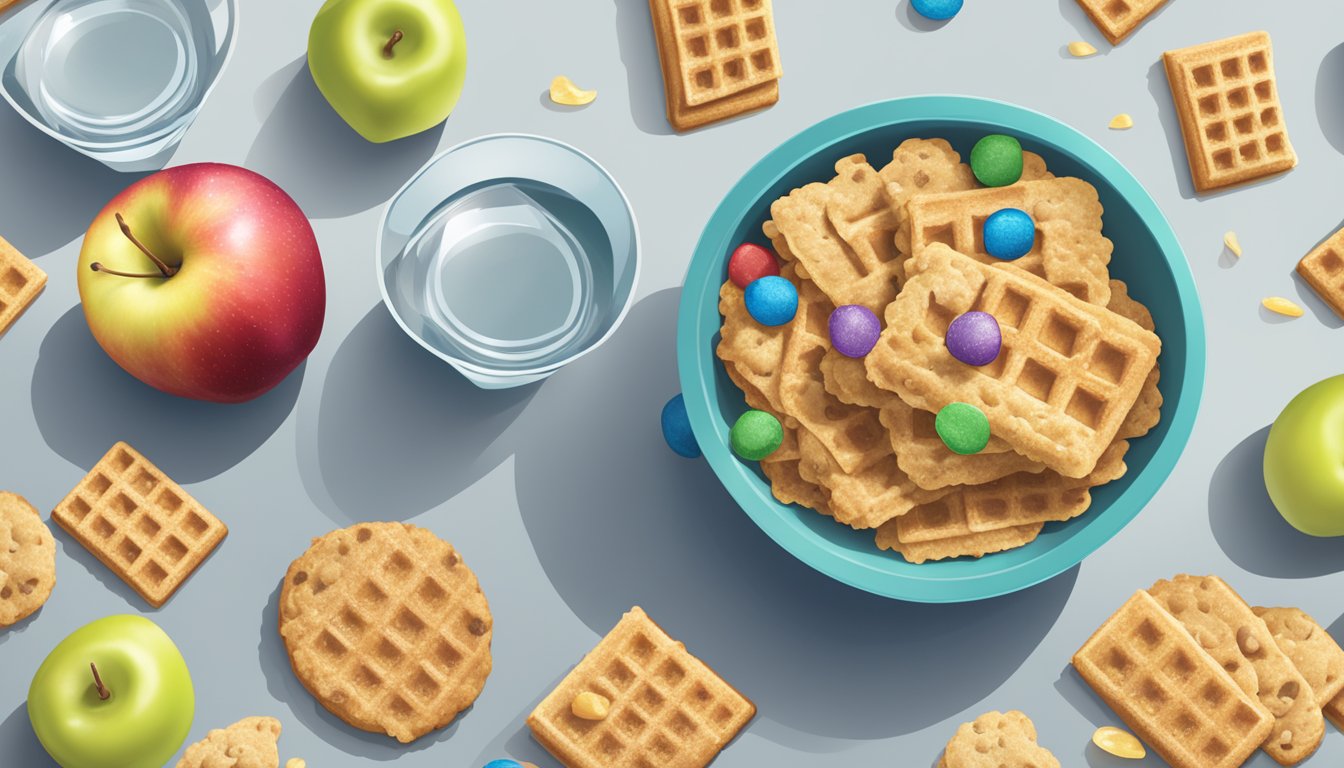 A bowl of Cookie Crisp and Waffle Crisp cereal side by side, surrounded by a tape measure, apple, and a glass of water, with a question mark above them