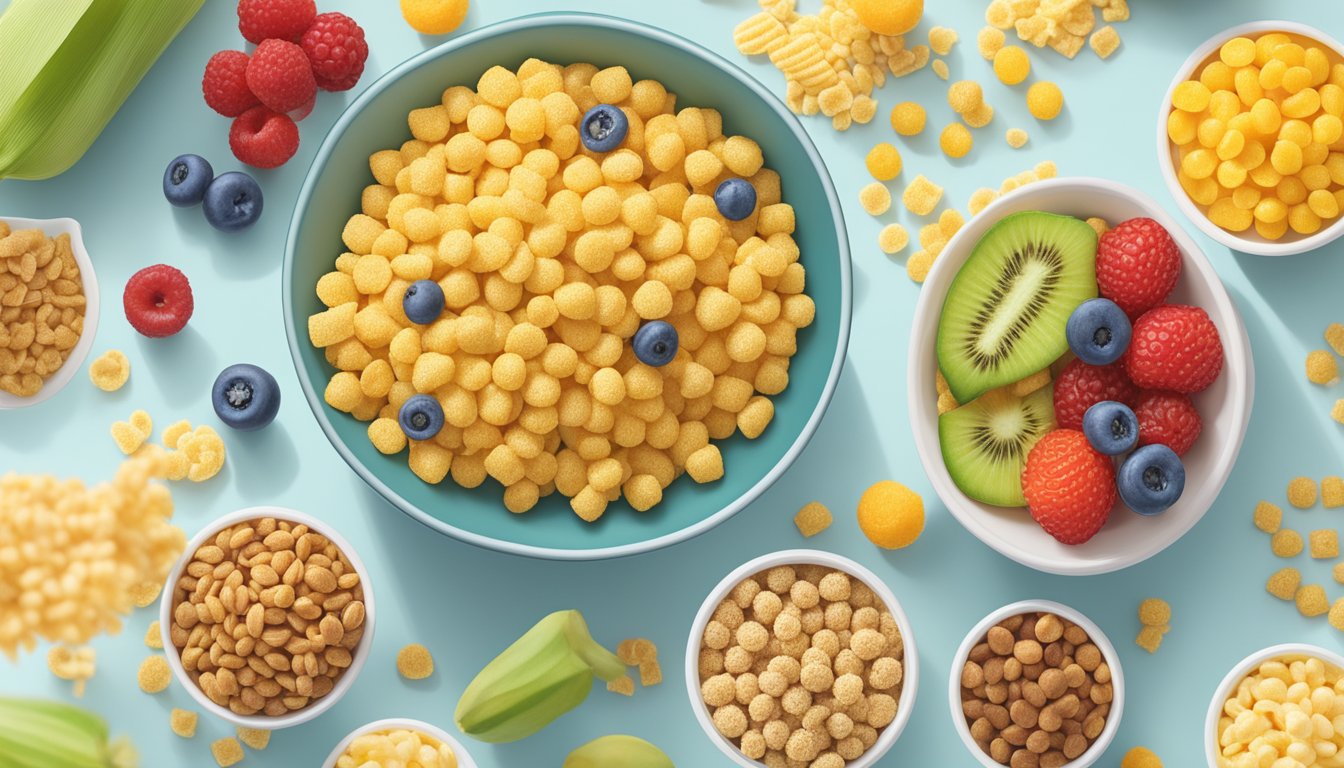 A bowl of corn pops and crispix side by side, surrounded by images of healthy alternatives like fruits and whole grains