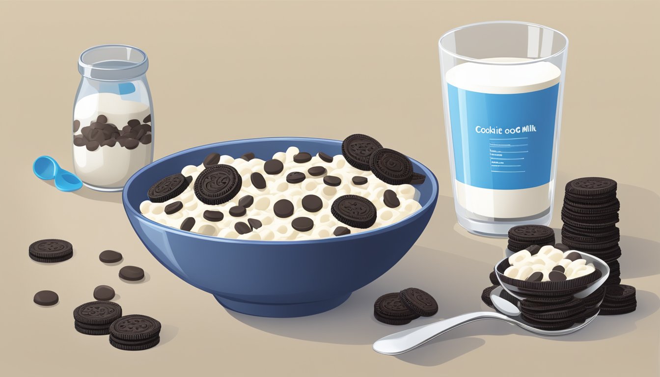 A bowl of Cookie Crisp and Oreo O's cereal next to a glass of milk, surrounded by measuring spoons and nutritional information labels