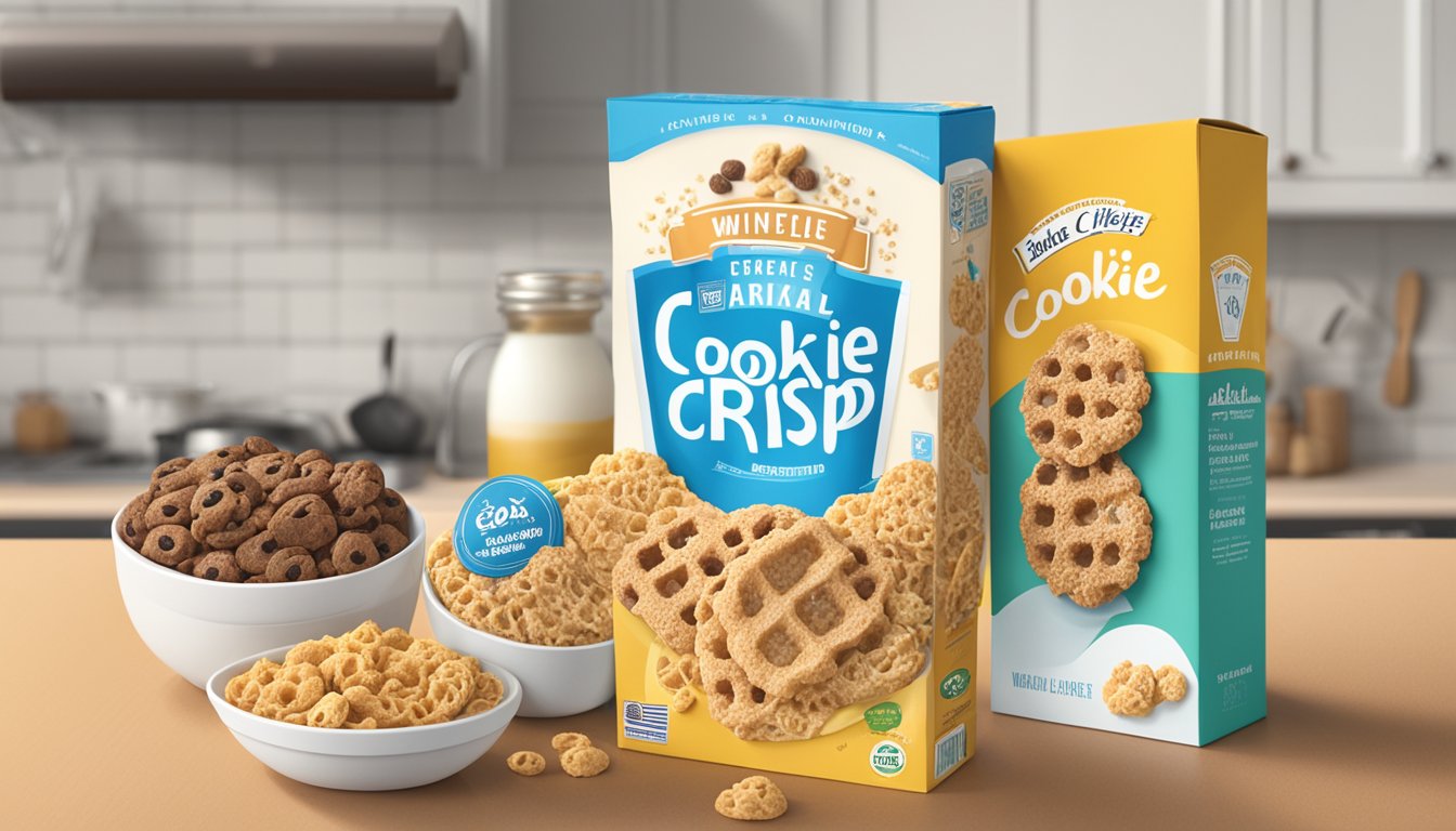 A kitchen counter with two cereal boxes, one labeled "cookie crisp" and the other "waffle crisp." Surrounding them are various ingredients and additives