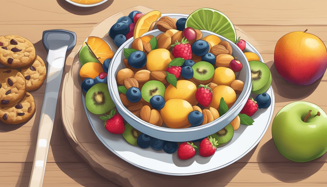 A bowl of fresh fruit and nuts next to a plate of cookies, with a measuring tape nearby