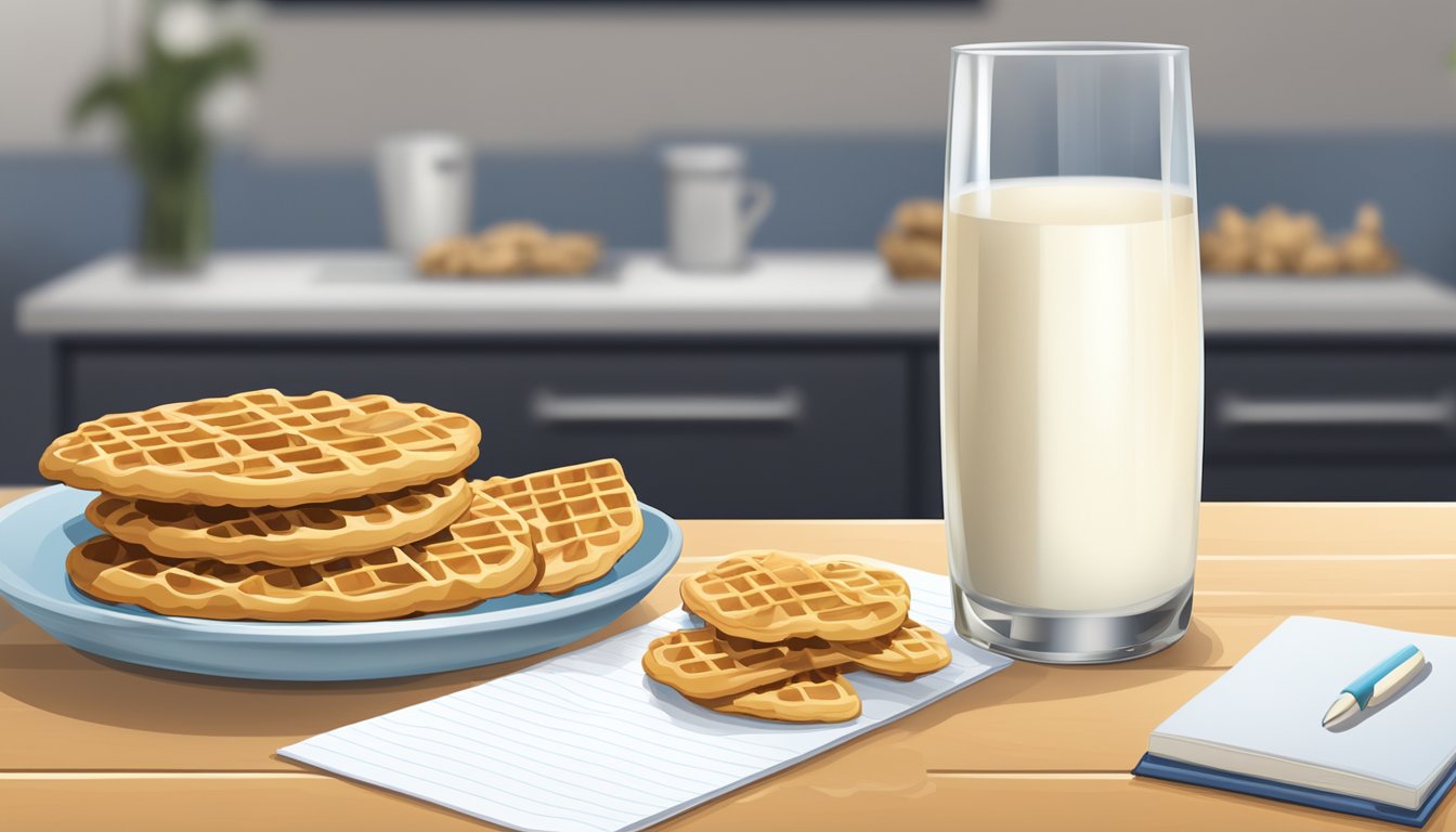 A kitchen table with a plate of cookie crisp and waffle crisp, a glass of milk, and a notepad for analysis