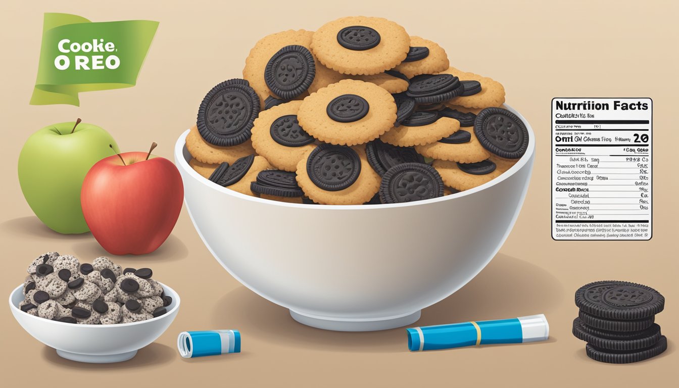 A bowl of Cookie Crisp and Oreo O's sit side by side, surrounded by nutritional information labels. A tape measure and apple are nearby for comparison