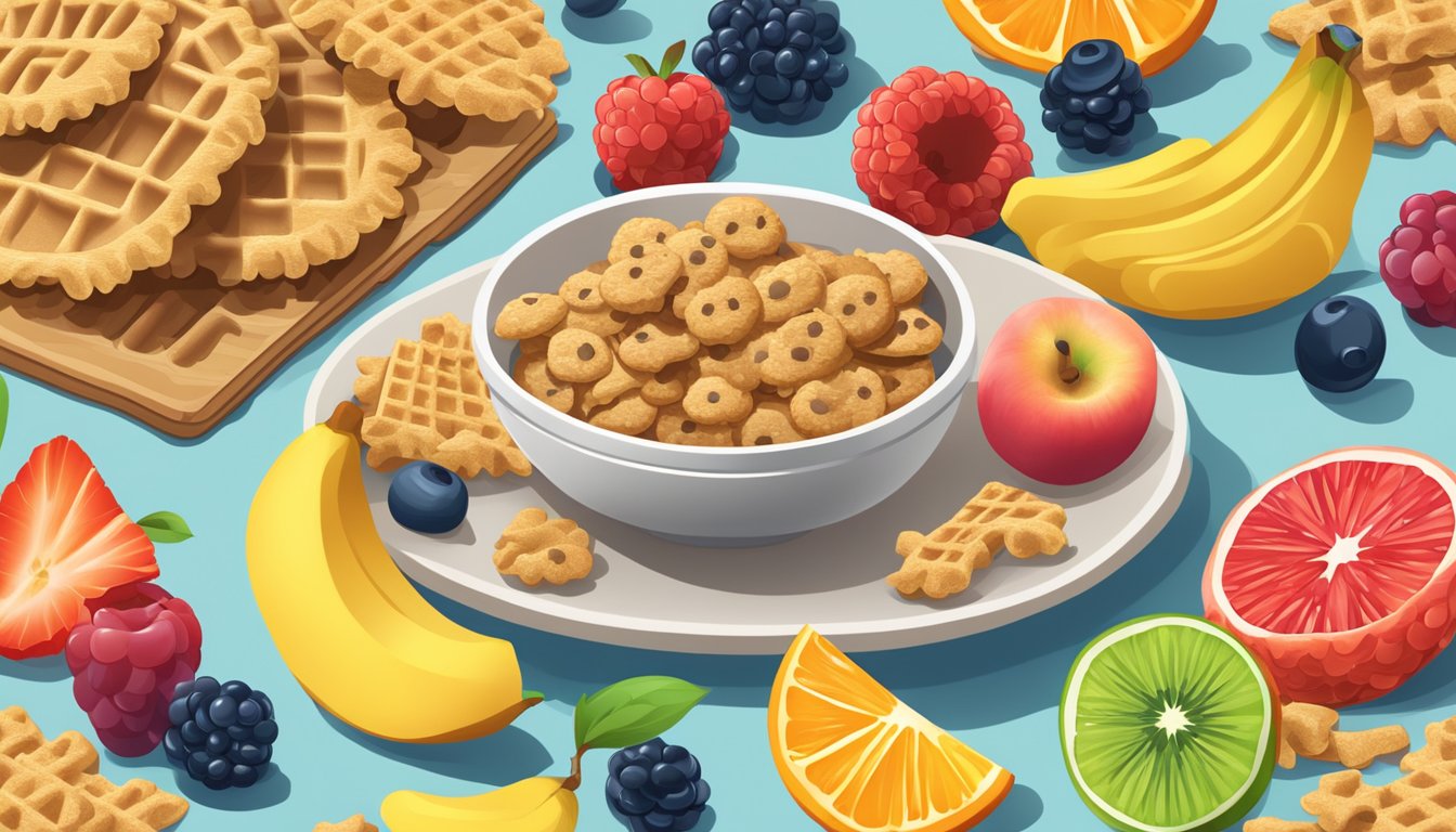 A bowl of Cookie Crisp and Waffle Crisp cereal next to a measuring tape and a pile of fresh fruit