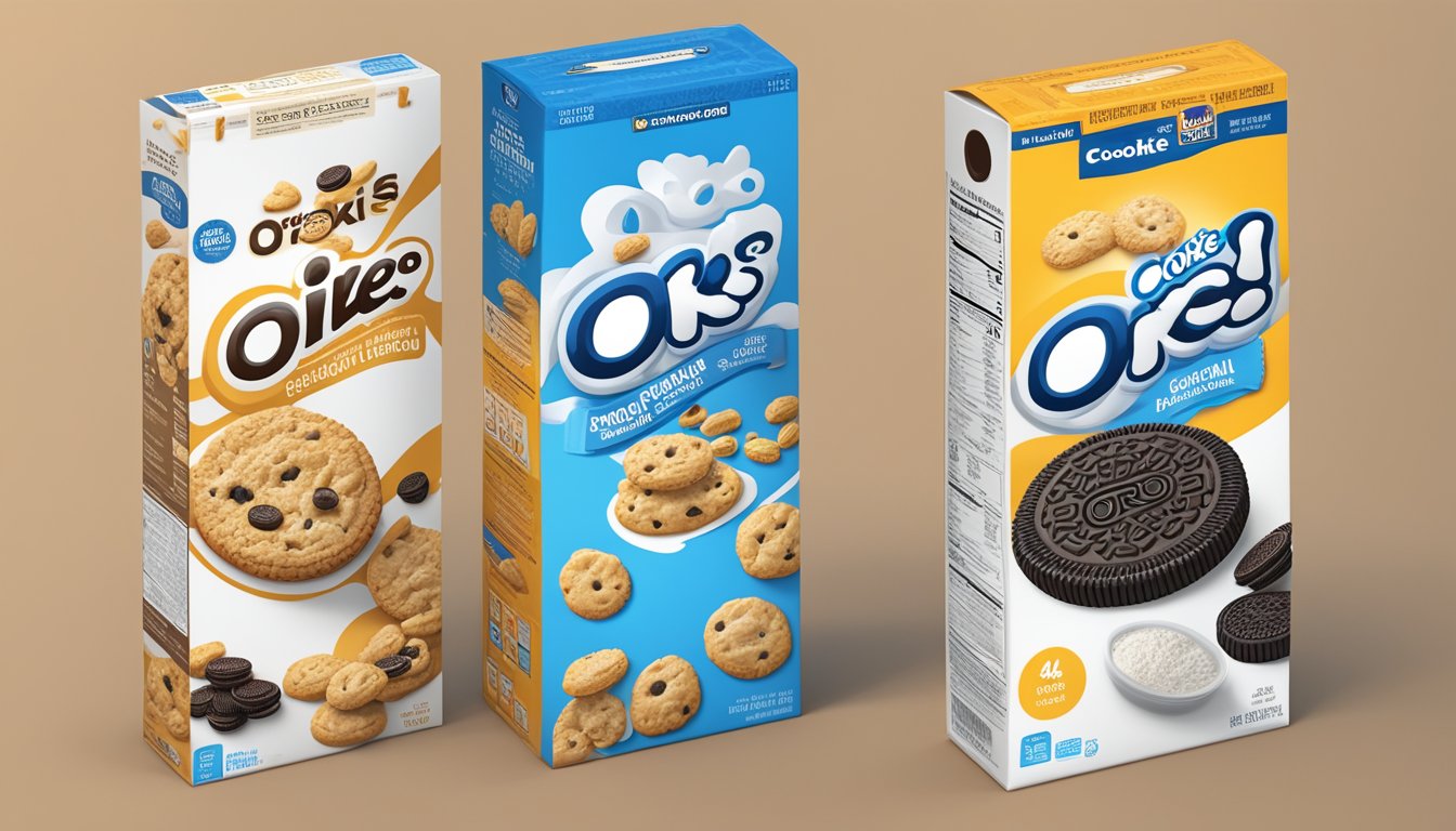 A comparison of Cookie Crisp and Oreo O's cereal boxes surrounded by nutritional labels and a scale