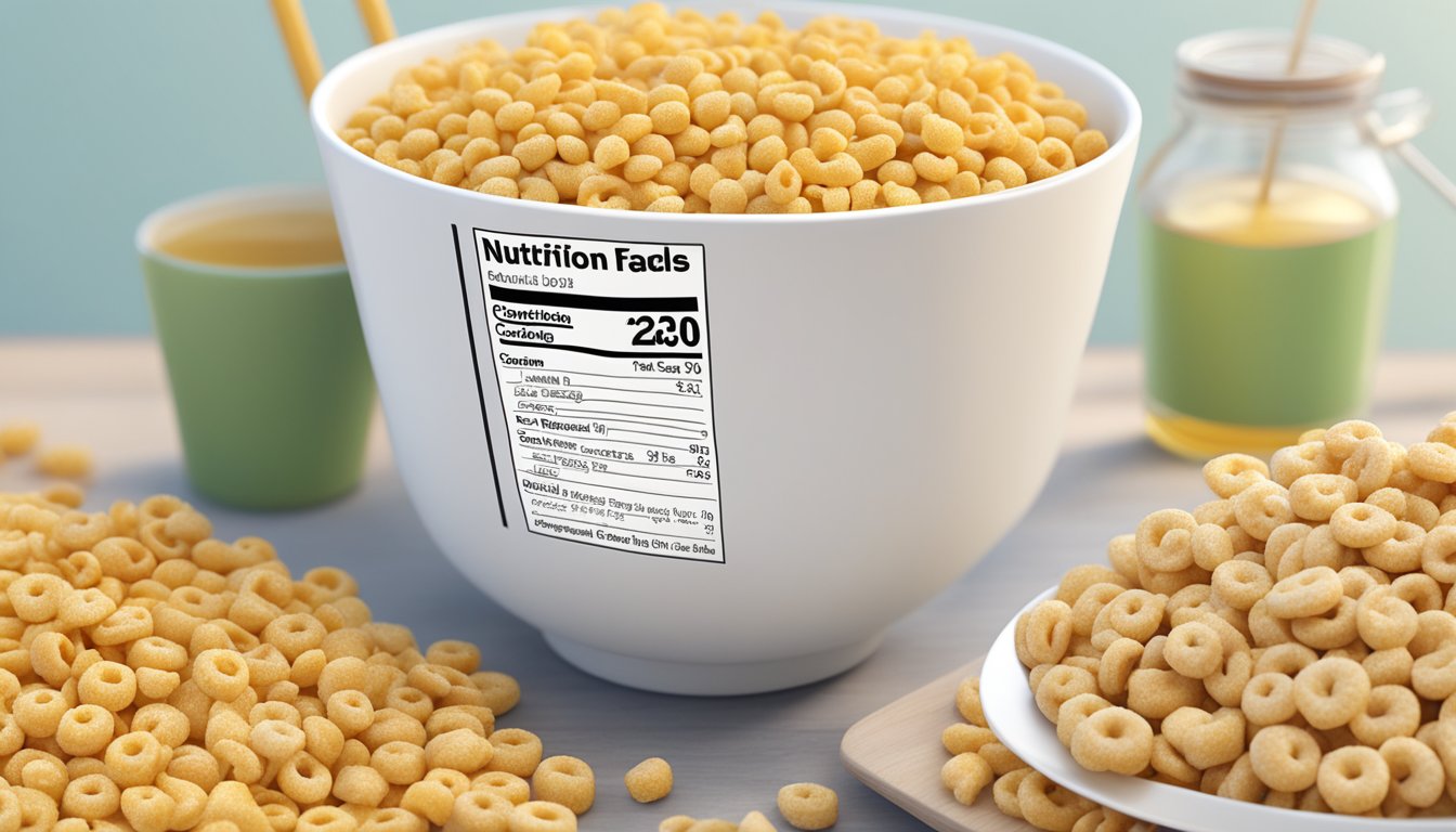 A bowl of corn pops and a bowl of honey nut cheerios side by side with nutritional labels next to each