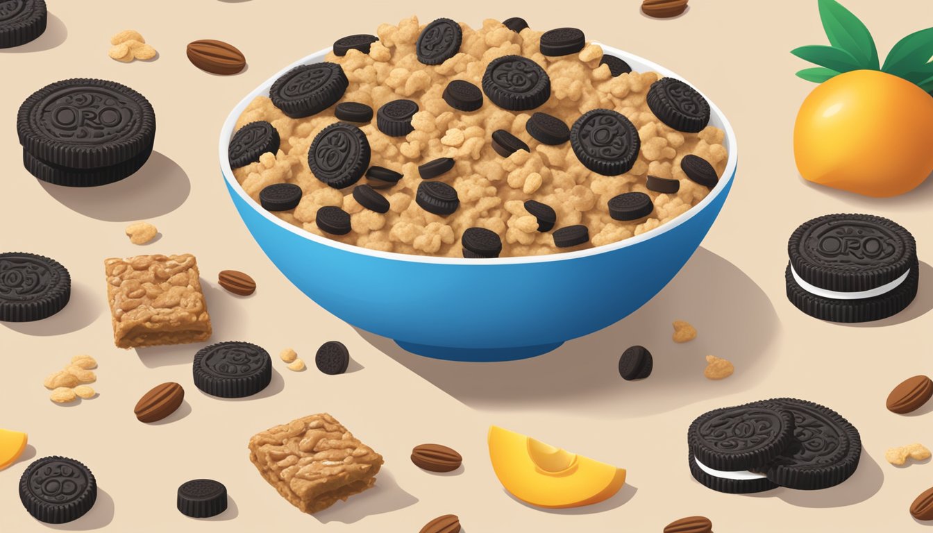 A bowl of Cookie Crisp and Oreo O's side by side, surrounded by images of fresh ingredients like oats, fruit, and nuts