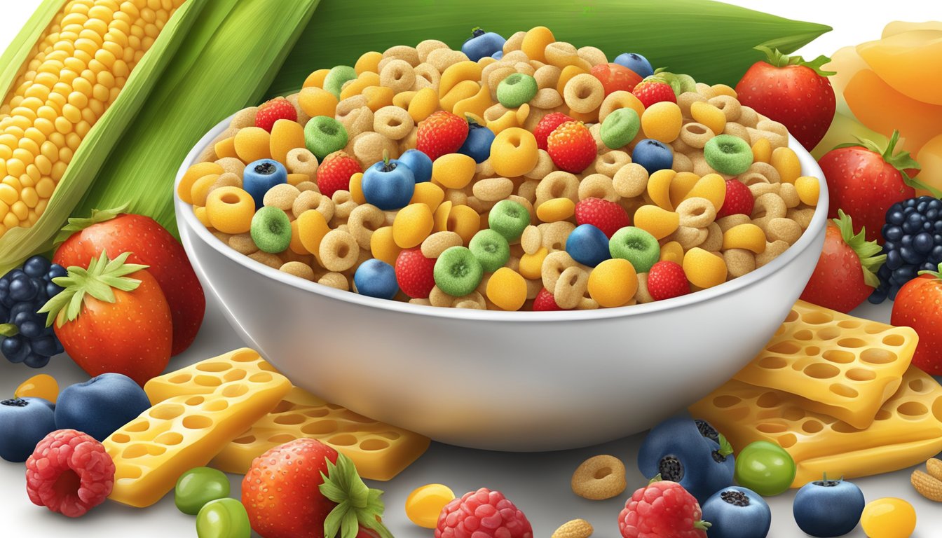 A bowl of corn pops and honey nut cheerios surrounded by colorful fruits and vegetables