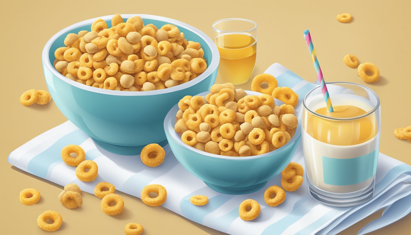 A bowl of corn pops and a bowl of honey nut cheerios surrounded by fresh fruits and a glass of milk