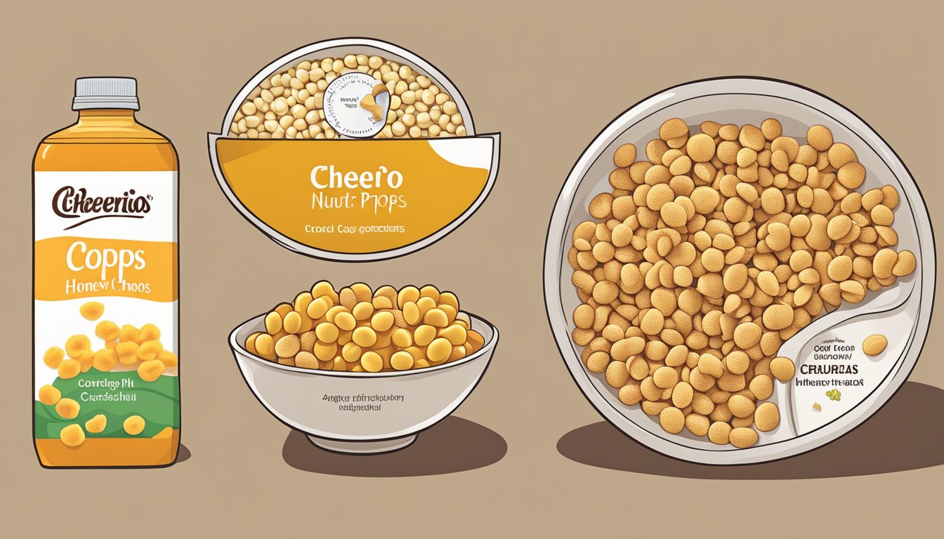 A bowl of corn pops and a bowl of honey nut cheerios surrounded by their respective ingredient labels