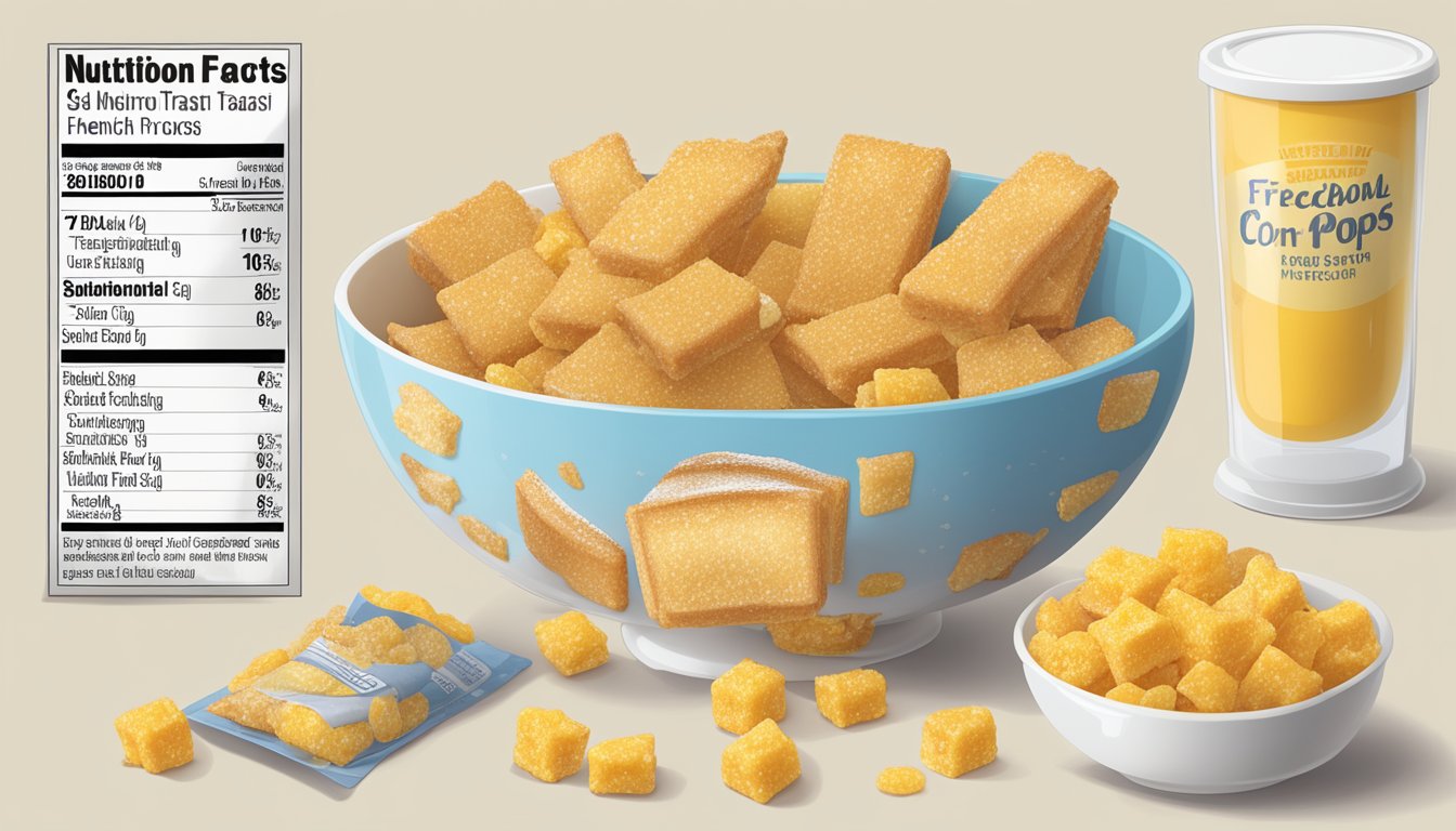 A bowl of Corn Pops and French Toast Crunch side by side, with a measuring tape and nutritional information in the background