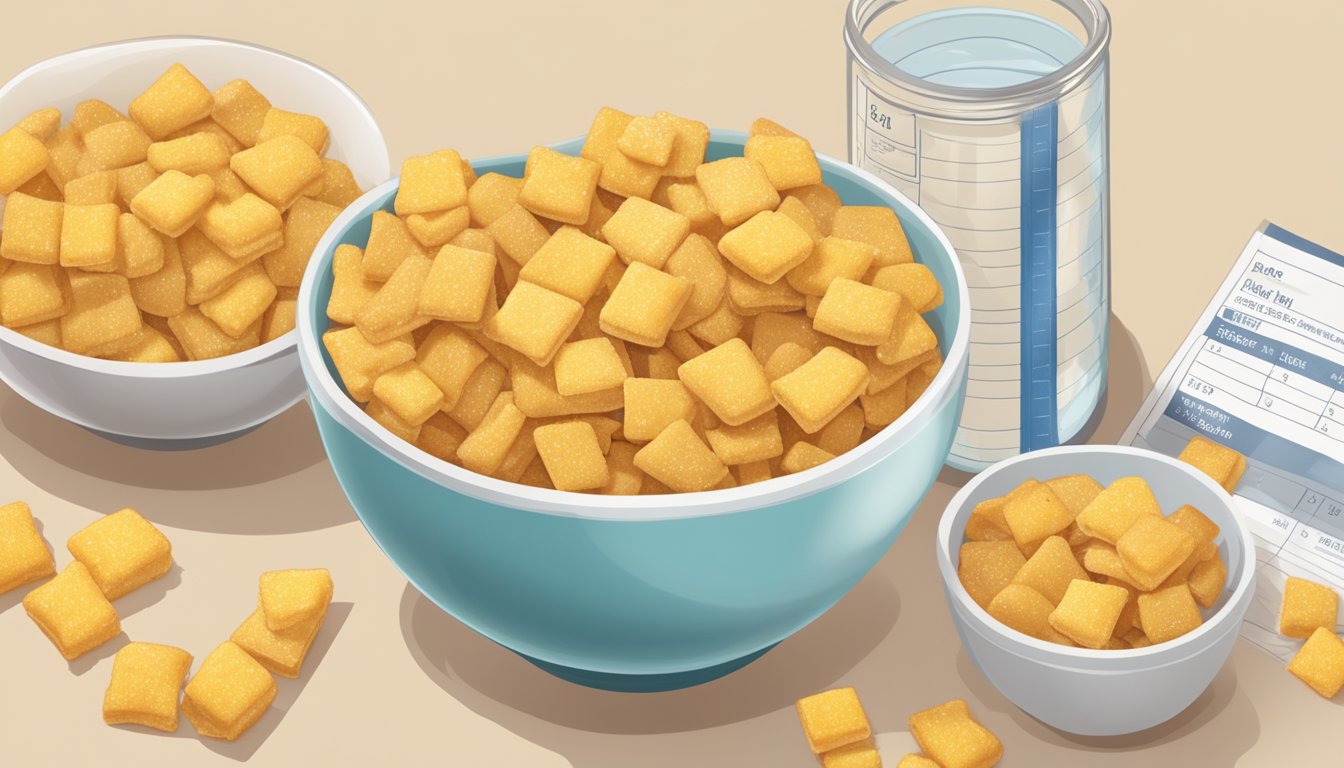 A bowl of corn pops and a bowl of French toast crunch sit side by side, surrounded by nutritional labels and a measuring tape