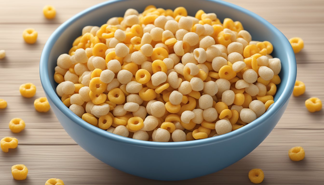 A bowl of corn pops and honey nut cheerios with nutrition labels