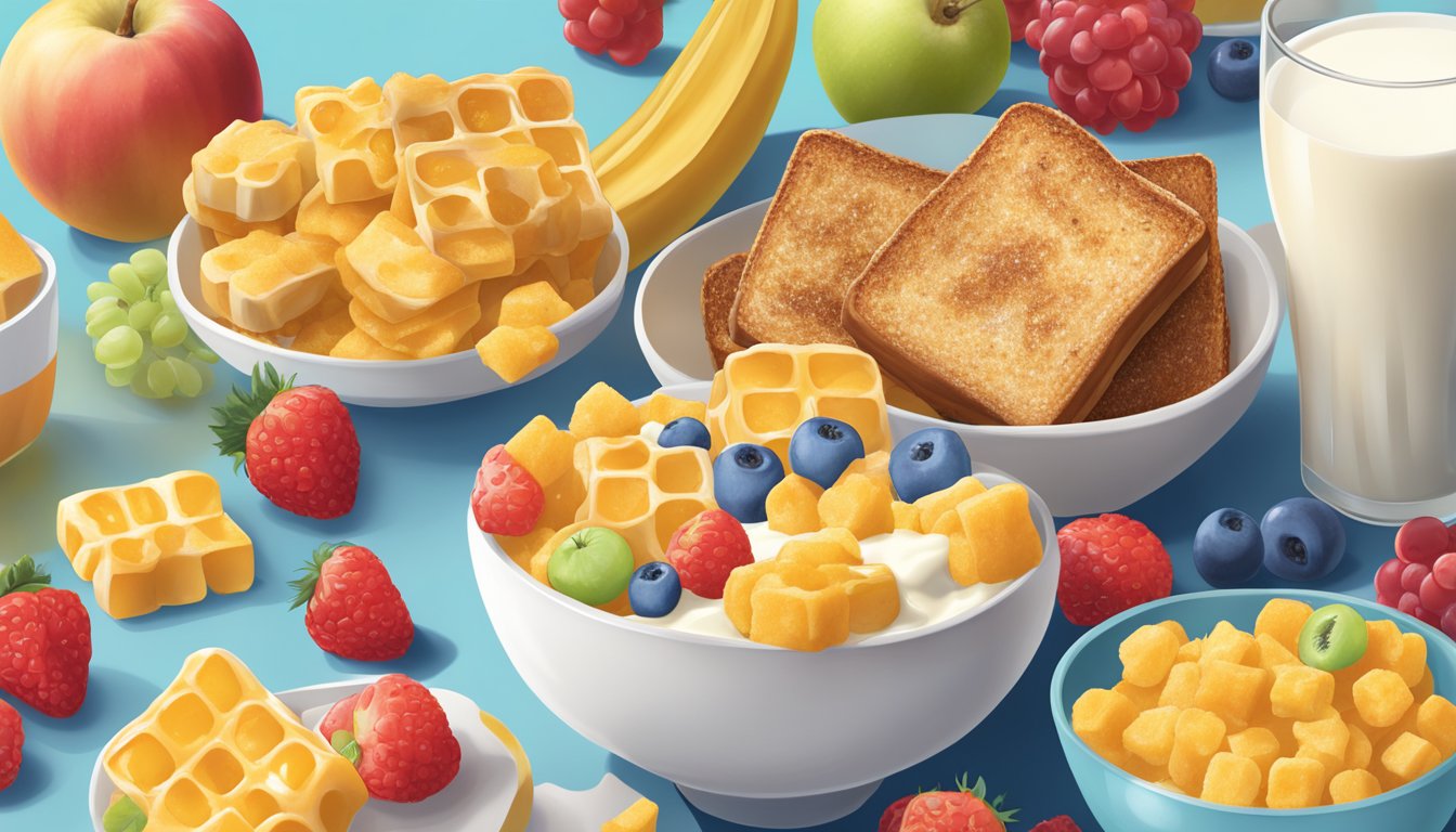 A bowl of Corn Pops and French Toast Crunch sit side by side, surrounded by various fruits and a glass of milk